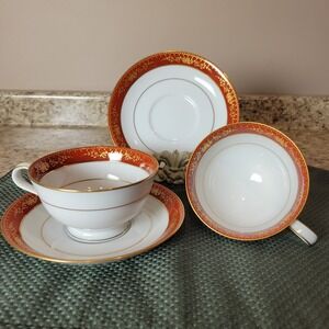Noritake Goldhill Japan Tea Cup and Saucer Set of 2 Red Gold Floral Trim